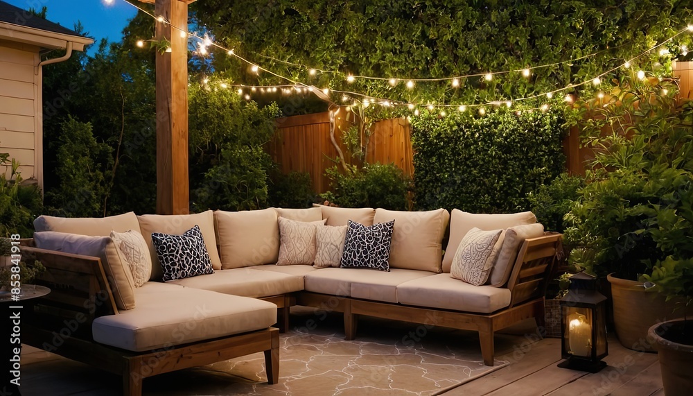 Sticker A relaxing outdoor patio with comfortable seating, string lights, and a fire pit area,