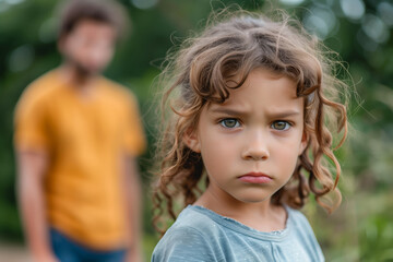 Young offended girl with curly hair looks at the camera with a serious expression outside, childhood abuse and resentment