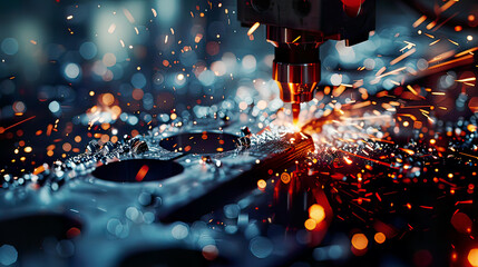 Hyper-realistic view of CNC gas cutting a blue steel metal sheet intricate details of the cutting process and flying sparks   modern
