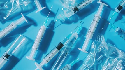 Medical Syringes on Blue Background, Generative AI
