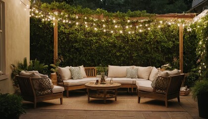 A relaxing outdoor patio with comfortable seating, string lights, and a fire pit area,