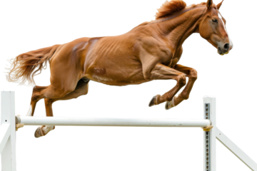 A brown horse majestically jumps over a white hurdle in mid-air showcasing agility and grace in an equestrian jumping event.