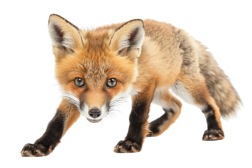 A beautiful, curious red fox staring ahead against a transparent background. Perfect for wildlife and nature-themed stock photography.