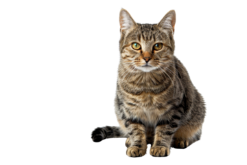 A brown tabby cat with striking stripes sitting against a transparent background. looking directly at the camera.