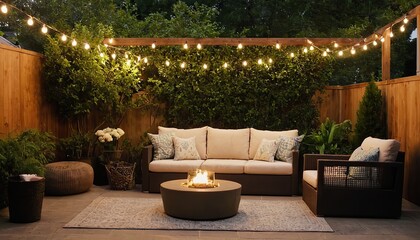 A fire pit is lit in a backyard with a couch and a table