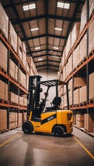 Yellow warehouse forklift among stacked boxes, representing effective logistics, material handling, and warehouse organization