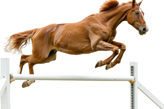 A brown horse majestically jumps over a white hurdle in mid-air showcasing agility and grace in an equestrian jumping event.