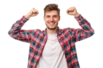 Man with hands raised high full body isolated on white and transparent background