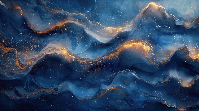 Abstract painting with deep blue and gold accents, showcasing a cosmic and fluid art style