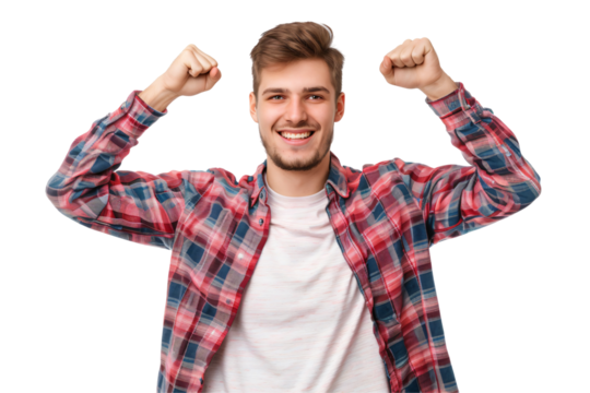 Man with hands raised high full body isolated on white and transparent background
