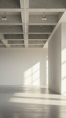 Fototapeta premium Realistic 3D rendering of an empty room with a concrete waffle slab ceiling and white walls