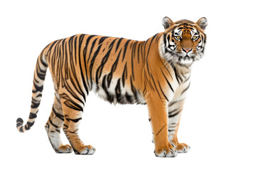 Obraz premium A majestic tiger standing on all fours, displaying its beautiful striped coat and alert stance against a transparent background.