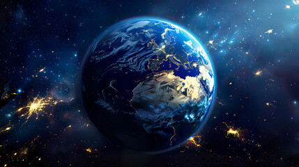 Obraz premium Hyper-realistic view of planet Earth from space at night city lights illuminating the continents detailed surface textures colors starry soft glow