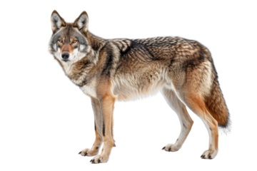 Beautiful full-body image of a lone wolf standing against a transparent background. showcasing its thick fur and alert expression.