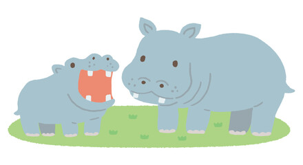 ゆるい手描きのカバ親子