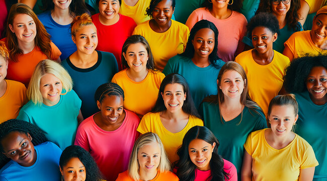 Top View of a Diverse Group of Women in Colorful Shirts: Celebrating Working Women, Feminism, and Female Empowerment. Diversity, Solidarity, multiculturalism. Women's rights. Unity.