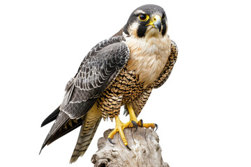 Close-up of a majestic peregrine falcon perched on a branch, showcasing its striking plumage and piercing eyes against a transparent background.