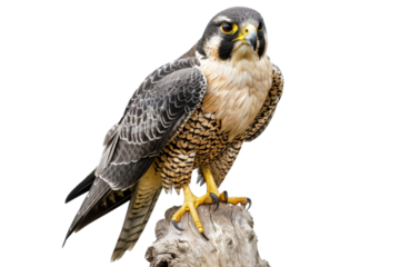 Close-up of a majestic peregrine falcon perched on a branch, showcasing its striking plumage and piercing eyes against a transparent background.