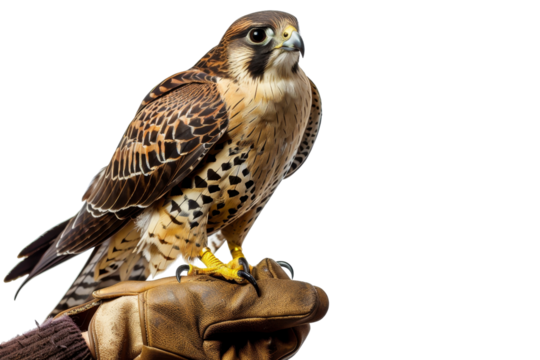 Close-up of a majestic falcon perched on a gloved hand, showcasing its detailed feathers and sharp gaze against a transparent background.