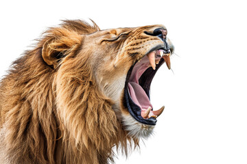 Close-up of a roaring lion with open mouth, sharp teeth, and flowing mane, showcasing the king of the jungle in majestic detail. © Rattanathip