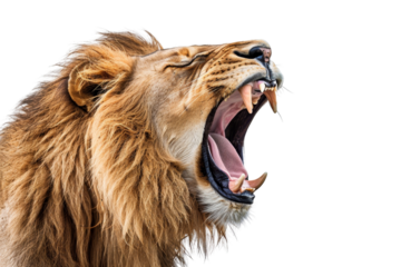 Close-up of a roaring lion with open mouth, sharp teeth, and flowing mane, showcasing the king of the jungle in majestic detail.