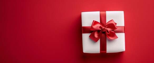 Valentine's Day banner, gift box with red ribbon bow on red background, flat lay top view, space for text
