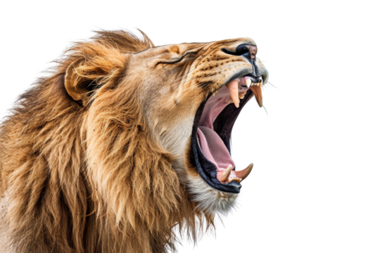 Close-up of a roaring lion with open mouth, sharp teeth, and flowing mane, showcasing the king of the jungle in majestic detail.