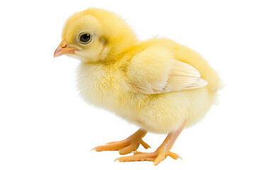 Cute yellow chick with fluffy feathers standing against a transparent background. Perfect for farm, baby bird, and nature themes.