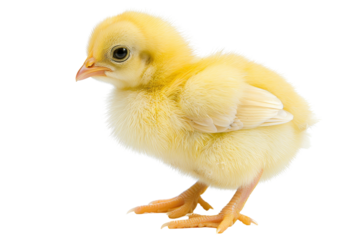 Cute yellow chick with fluffy feathers standing against a transparent background. Perfect for farm, baby bird, and nature themes.