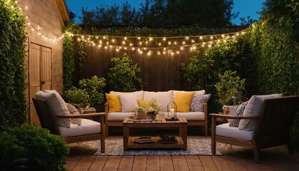 Fototapeta premium The outdoor patio is lit with a fire pit and wicker furniture