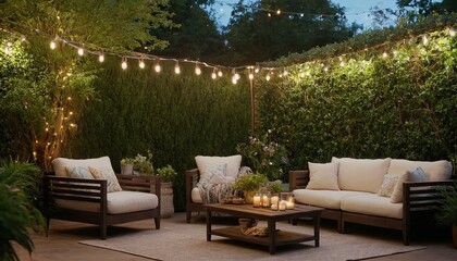 Fototapeta premium The outdoor patio is lit with a fire pit and wicker furniture
