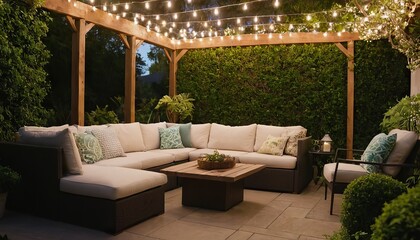 Obraz premium The outdoor patio is lit with a fire pit and wicker furniture