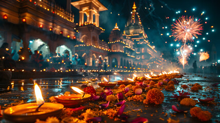 Fototapeta premium A colorful Diwali festival scene in India with bright lights, fireworks, and cultural celebrations, highlighting the joy and vibrancy of the event.