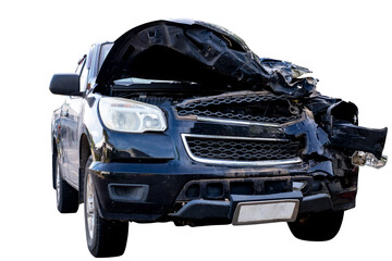 Front and side view of black pickup truck car get damaged by accident on the road. damaged cars after collision. isolated on transparent background, PNG File