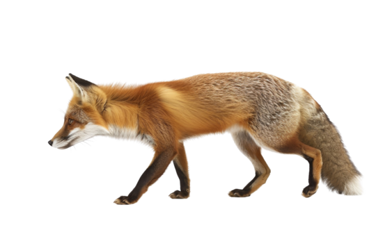 Graceful red fox on the move, isolated on a transparent background. showcasing its sleek fur and sharp features.