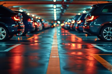 Cars in parking garage night lights on