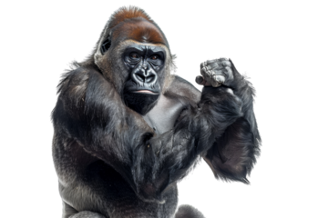 Portrait of a powerful gorilla showing strength and intelligence on a transparent background. Majestic and captivating wild animal close-up.