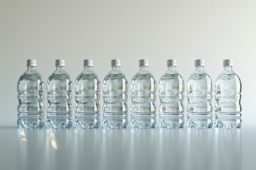 Six water bottles arranged on a table