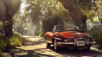 Naklejka premium 1961 Jaguar E-Type XKE - Red Classic Car In Forest, Vehicle, Automotive, Auto, Collectors, HDR Car