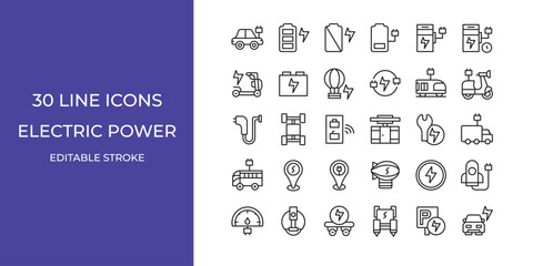 Electric power icon set vector illustration editable stroke. battery, train, charger and more