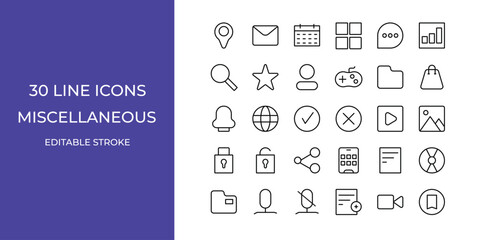 Miscellaneous icon set vector illustration editable stroke. gallery, folder, contact and more