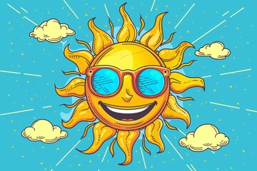 Vibrant illustration of a smiling cartoon sun donning cool sunglasses on a bright blue sky with fluffy clouds and radiant beams