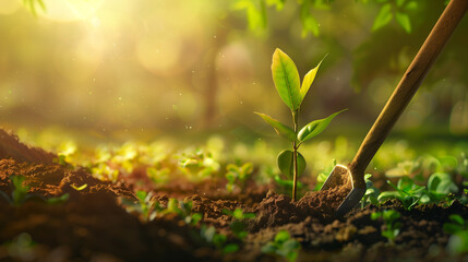 Obraz premium Hand planting a tree in nature under the sun