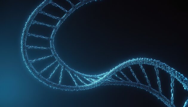 A macro photograph showcases a close up of a DNA strand, resembling a stunning pattern in electric blue and magenta, set against a blue background.