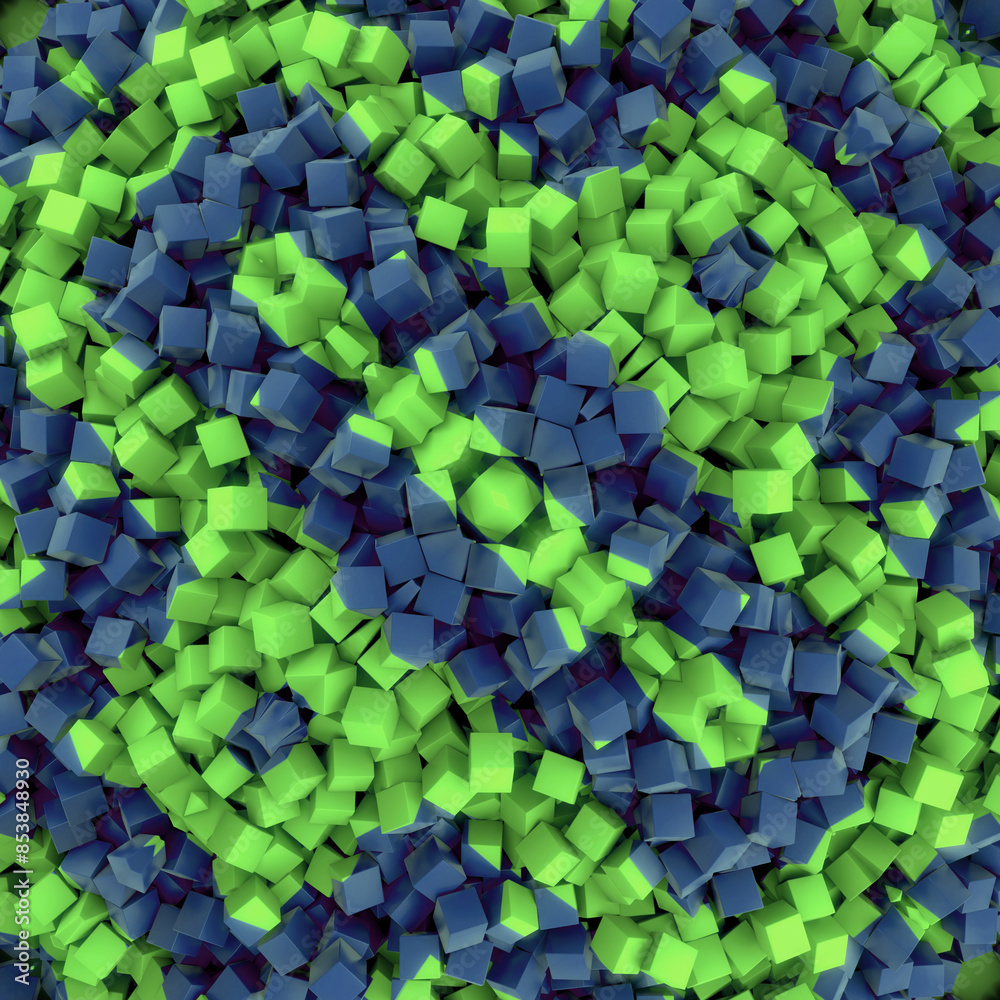 Poster Digital illustration of a symmetrical geometric pattern composed of many small three-dimensional cubes. 3d rendering