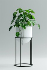 A tall plant is in a white pot on a grey background
