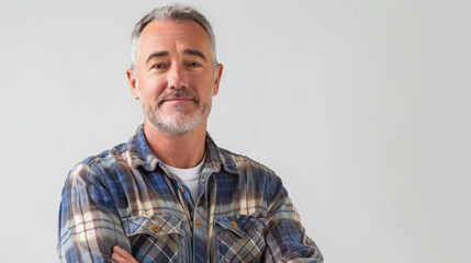 Fototapeta premium bearded business owner middle aged man wearing checkered shirt with arms crossed isolated on white background 