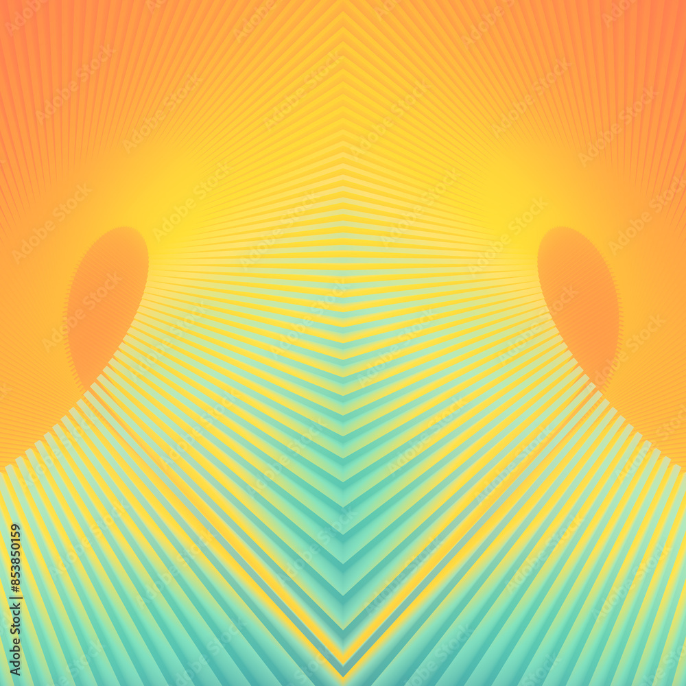 Poster Orange-green abstract design with symmetrical spiral pattern. 3d rendering illustration