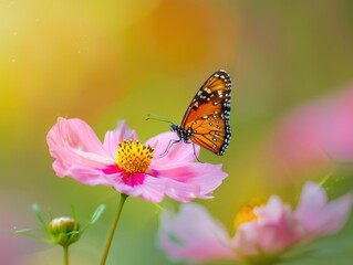 A close-up shot of a butterfly perched on a bright pink flower, surrounded by greenery