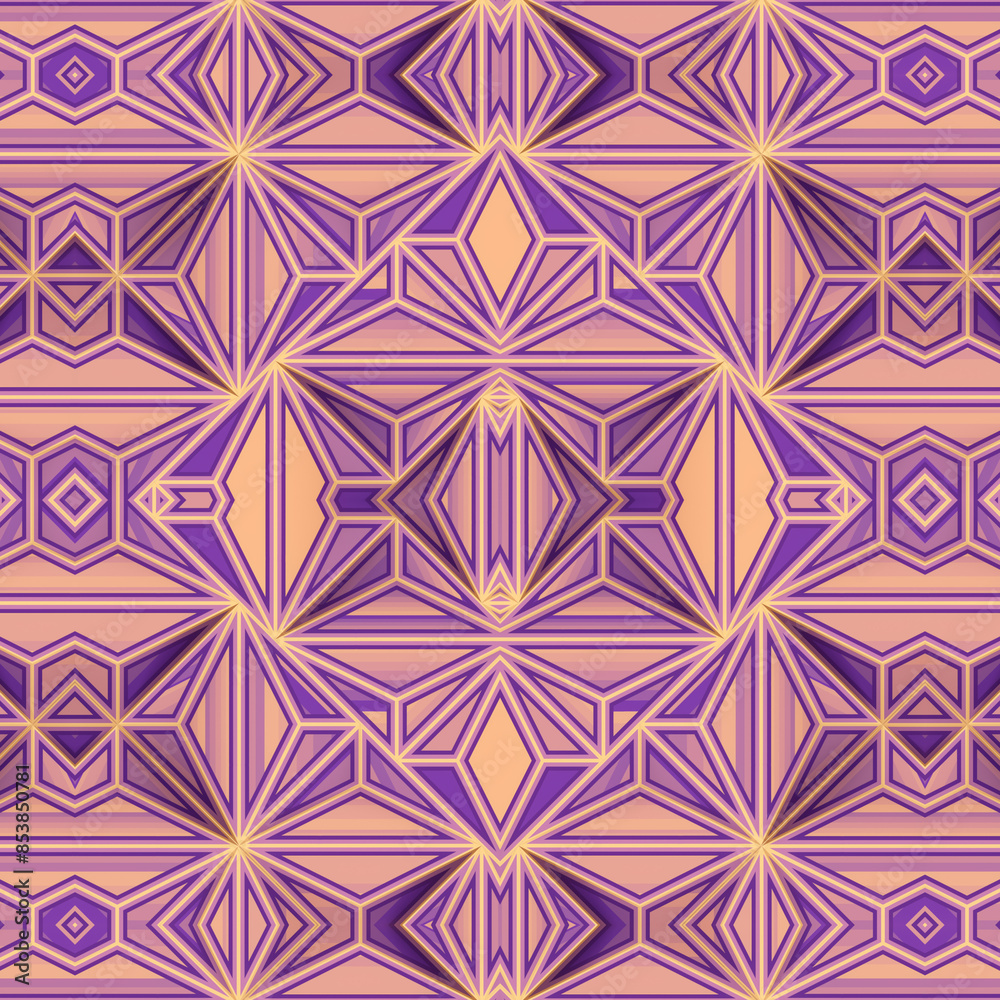 Poster a mesmerizing kaleidoscope of geometric patterns in purple and peach. 3d rendering digital illustrat
